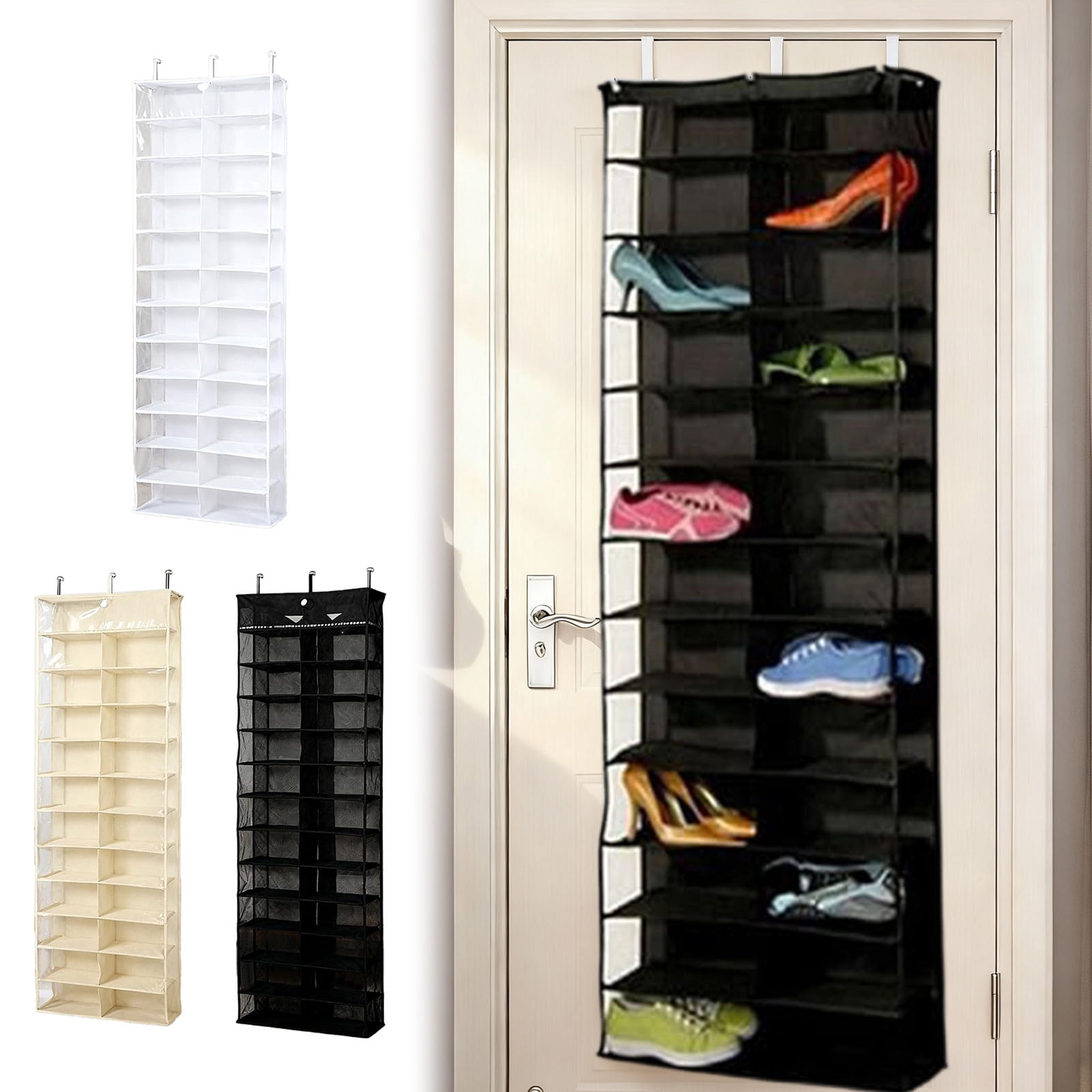 Hoodie Sweatshirt Storage Hack, Door Hanging Shoe Rack Organizer, 26-Pocket Clear Holder, Pockets Wall Shoes Bag, Portable Closet Wardrobe, 63" L X 22" W X 6.3" H, Cabinet Behind The Doors (White)