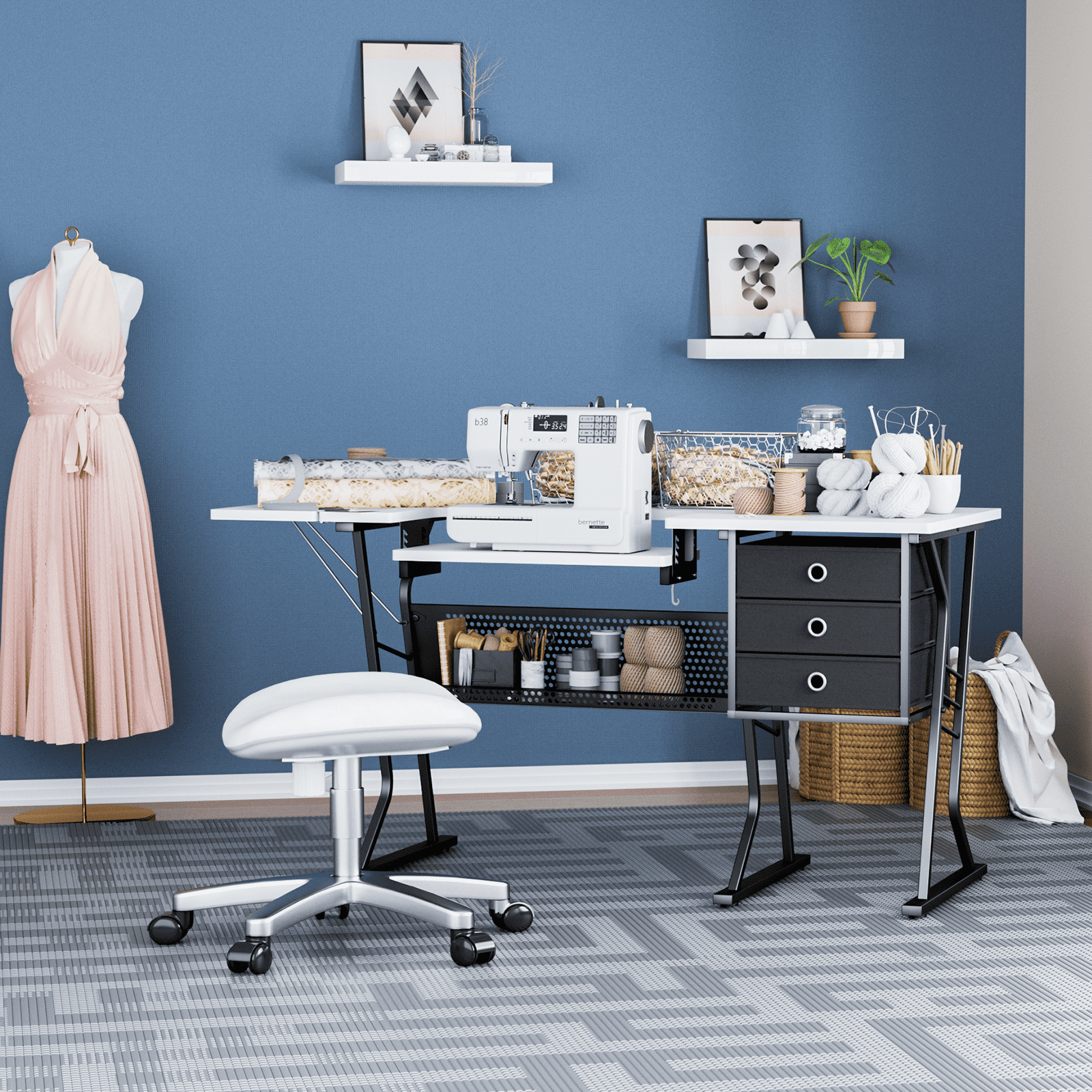 Magshion Sewing Machine Table with Fold-Down Top, Height Adjustable Platform Craft Table with Storage Shelves & Drawers, White