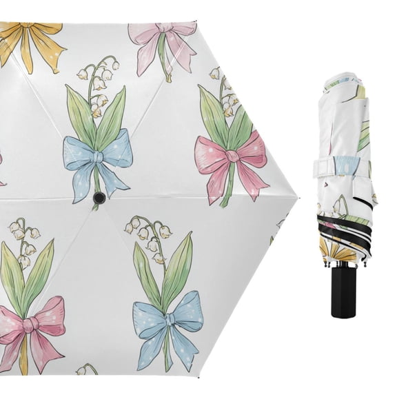 Pastel Bows on Flowers All Weather Umbrella Triple Folding Parasol 6 Ribs UV Protection Portable