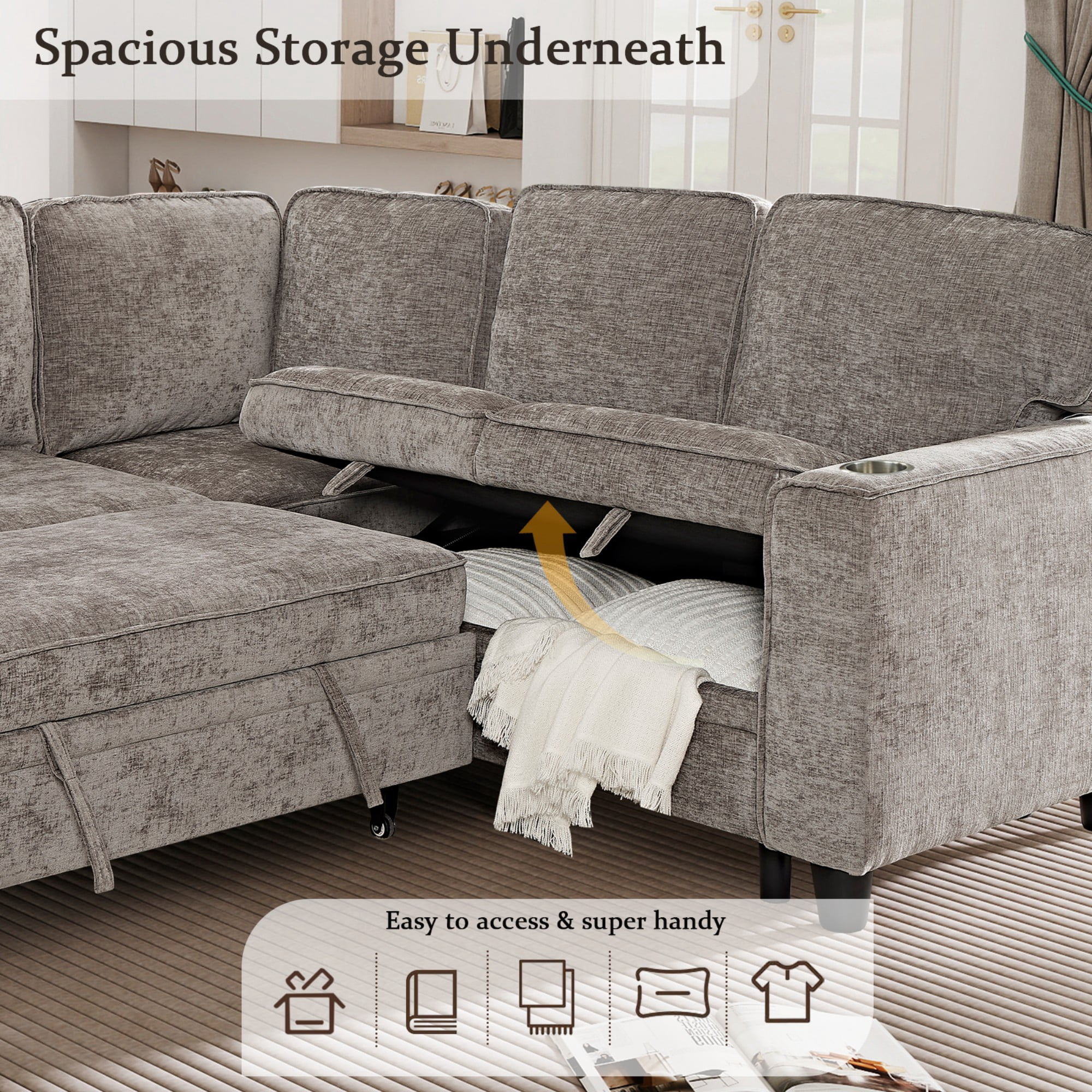 Gewnee L-Shaped Sectional Sofa,Modern Chenille Modular Sofa with Storage Function,USB‑C Charging Ports & Cup Holders,Pull Out Couch for Living Room,Light Brown
