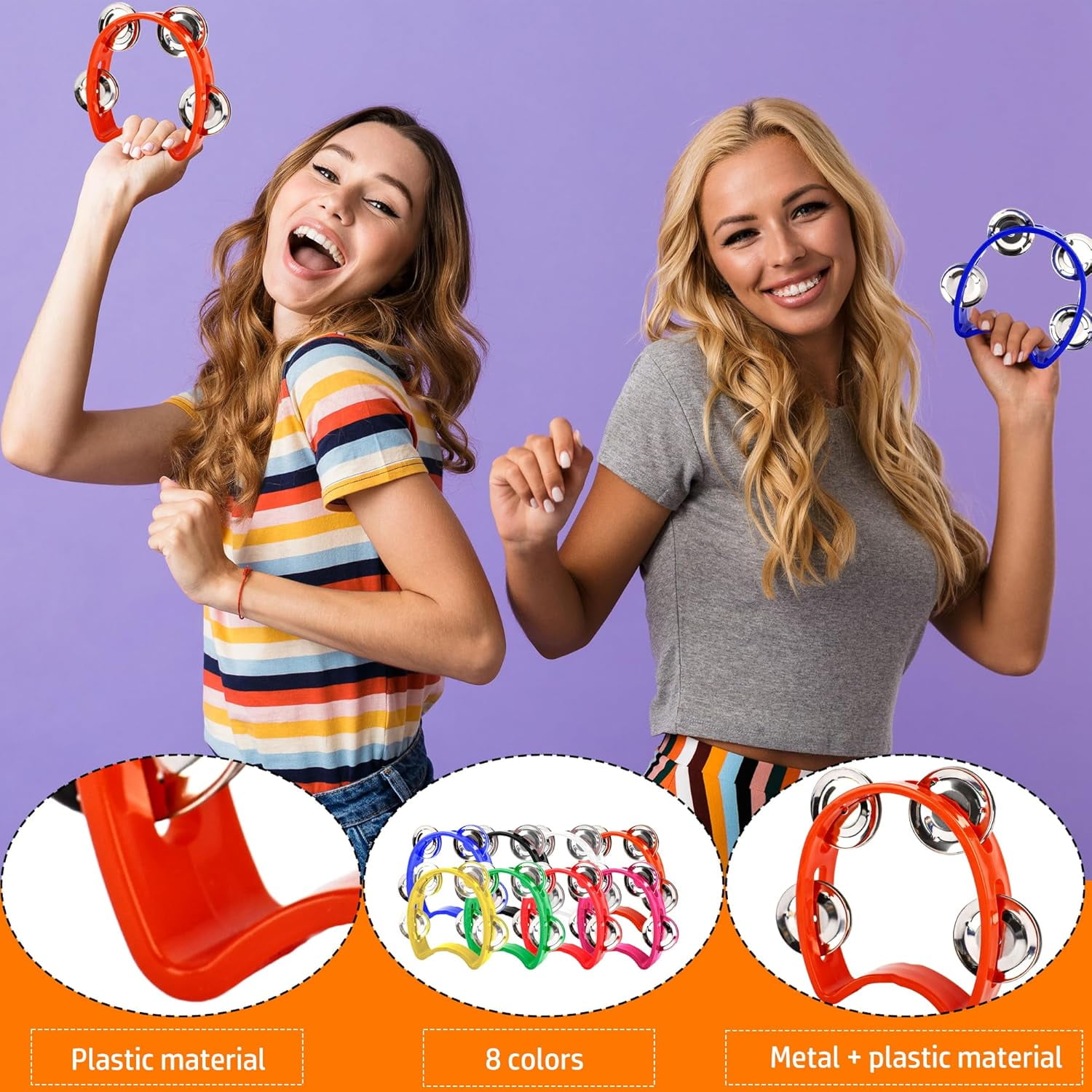 8-Piece Mini Tambourine Set – Colorful Plastic Handheld Tambourines with 4 Jingle Bells Each, Fun Percussion for Kids & Adults in Party, School, and Performance (8 Colors)-dh