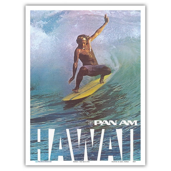 Hawaii - Pan American World Airways - Hawaiian Surfer - Vintage Airline Travel Poster c.1975 - Master Art Print (Unframed) 9in x 12in