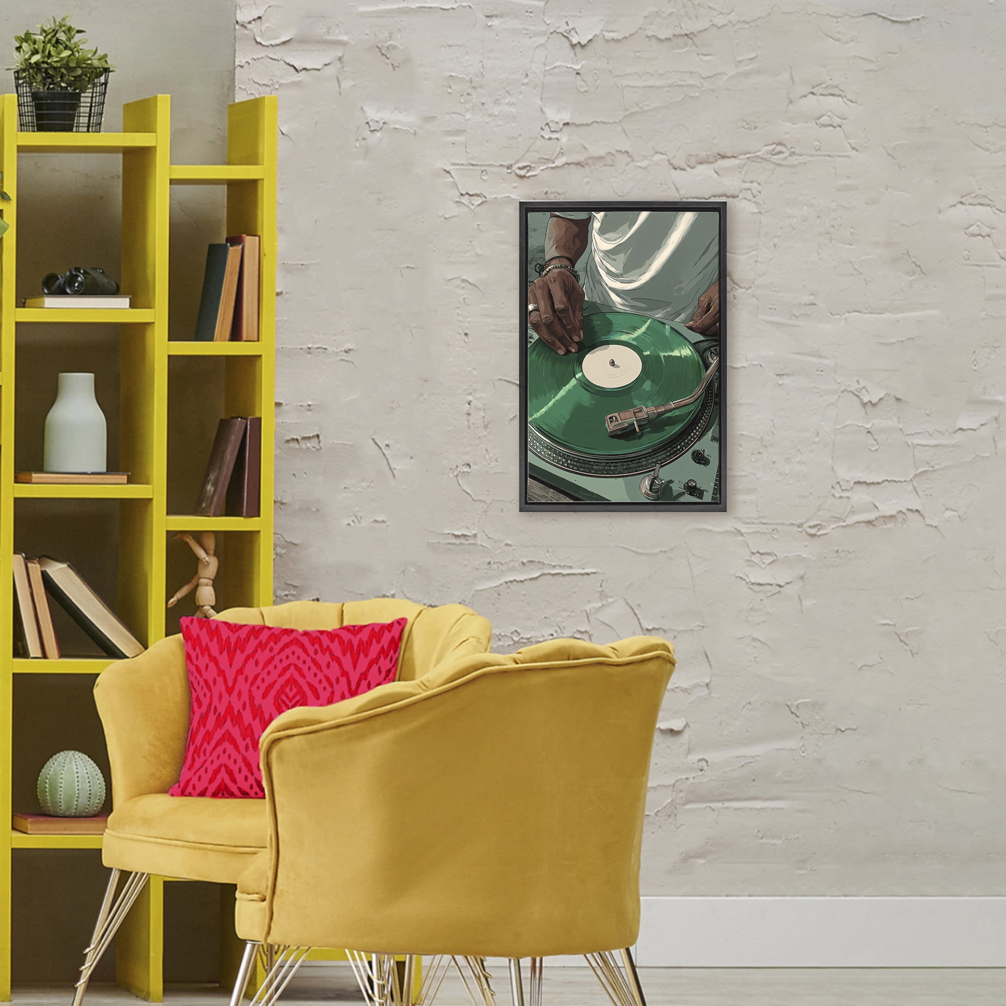 Stupell Industries DJ Spinning Green Record Black Framed Floater Canvas Wall Art, design by Franklyn Gregory