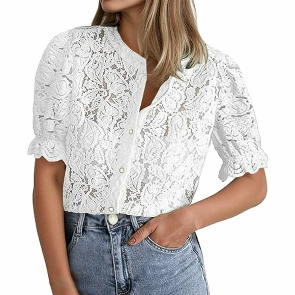 GPOECD Women's Round Neck Lace Blouse Everyday Wear Spring Summer Top Easy Care Casual Shirt White,XXL