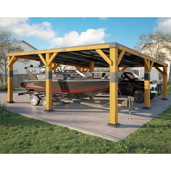 Jocisland 20x20x9.2 ft Cedar Wood Carport with Sloped Galvanized Steel Roof, Heavy Duty Outdoor Shelter for 2 Cars, Trucks, Boats & Tractors