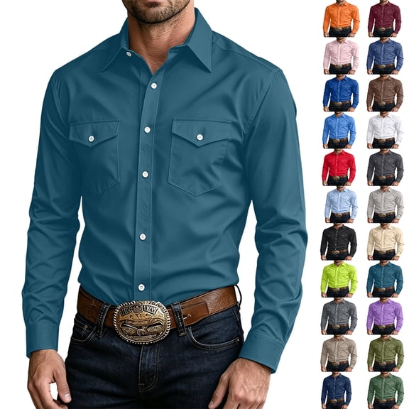 ZUBKTE Men's Work Shirts Solid-Color Long-Sleeve Button-Down western Shirts with Pockets S-3XL