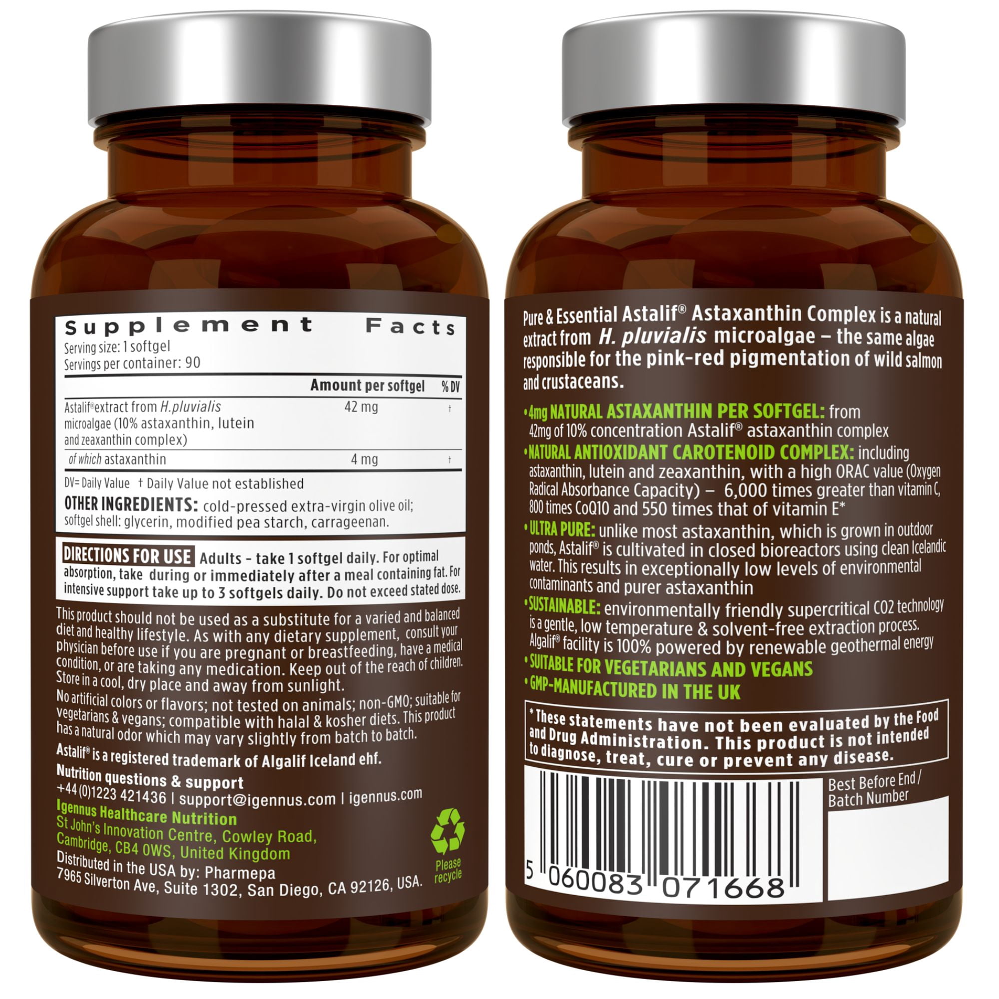 Igennus Vegan Astaxanthin 4mg Complex with Lutein and Zeaxanthin, 90 Small Softgels, from 42 mg Astalif, Natural Algae Antioxidant for Eyes, Skin & Joints, Non-GMO, H. Pluvialis