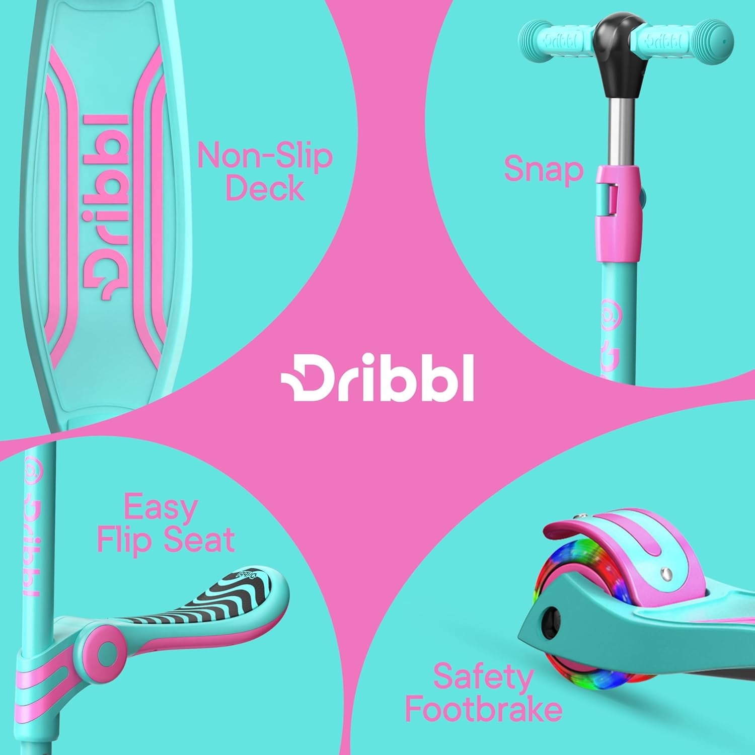 Dribbl 3-Wheel Kids Scooter with Seat, Light-Up Wheels, Adjustable Handlebar, Wide Deck & Rear Brake, Ages 2+