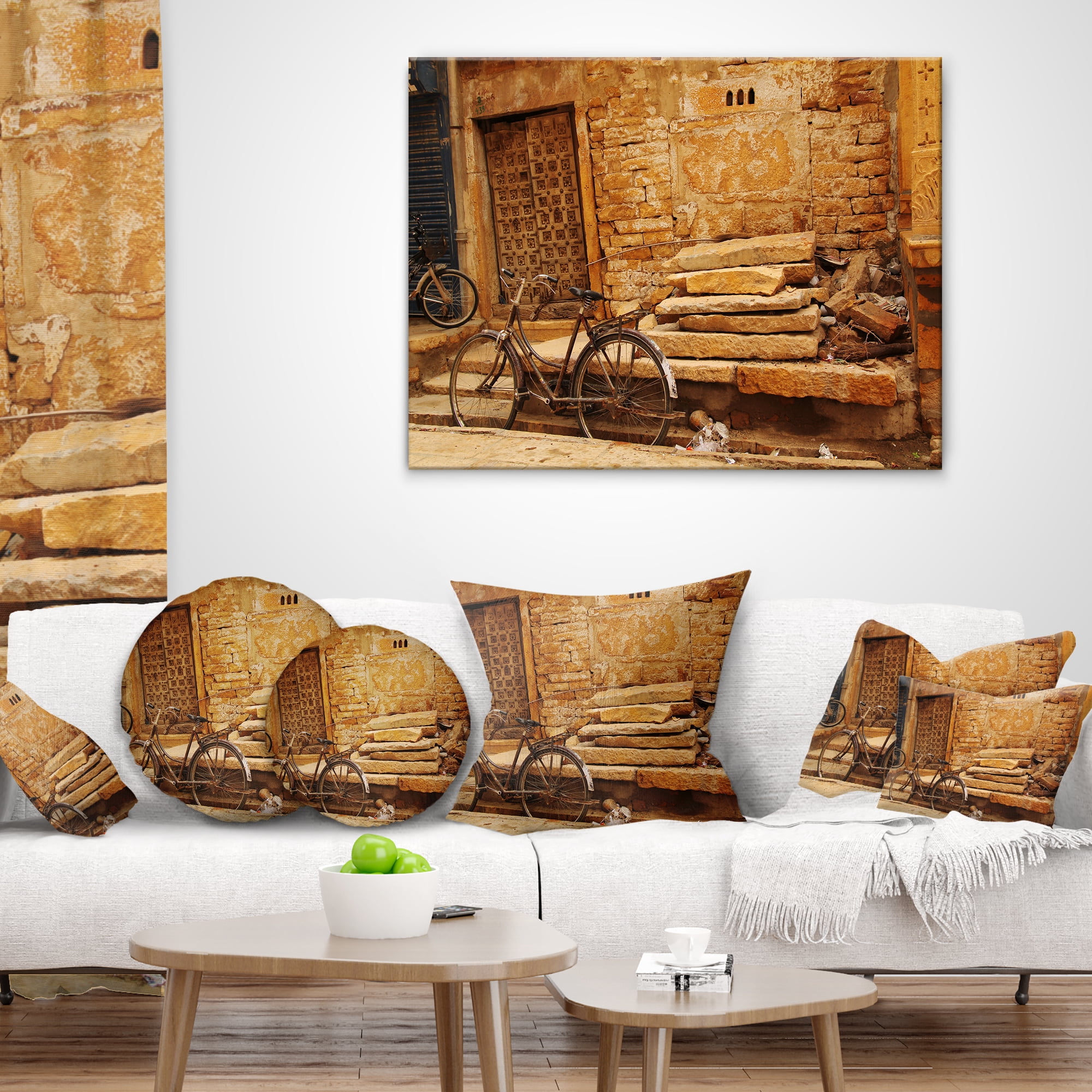 Designart Bicycle against Brown Wall - Landscape Photo Throw Pillow - 12x20