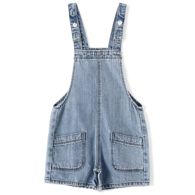 KIDSCOOL SPACE Shorts en Jean pour Filles et Garçons, Design Simple Bretelles Réglables Shortalls en Denim d'Été, Bleu Clair, 7-8 Ans