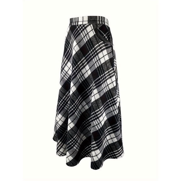 Women High Elastic Waist Maxi Skirt A-Line Plaid Flare Long Skirt Black & White S