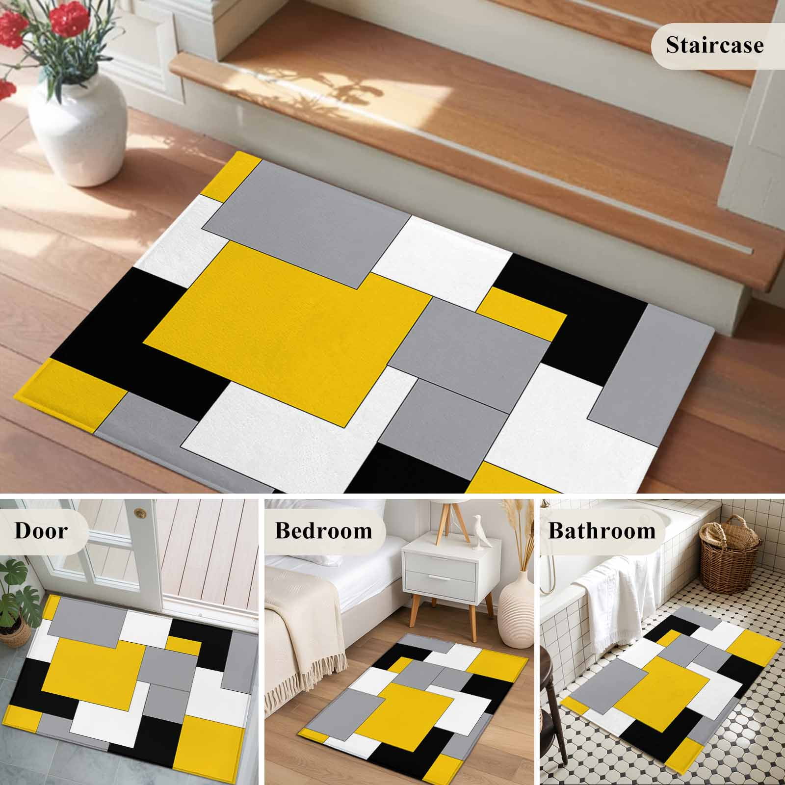 Entrance Runner Rug 2'x3',Yellow Grey Black Geometric Non-slip Doormat for Indoor Outdoor Entrance,Middle Century Art Abstract Throw Floor Mat for Front Door/Living Room/Bedroom/Bathroom/Kitchen