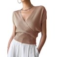 thumbnail image 2 of Gynyvoja Women'S V-Neck Wrap Front Ribbed Knit Short Sleeve Fitted Cropped Sweater Tos Brown M, 2 of 7
