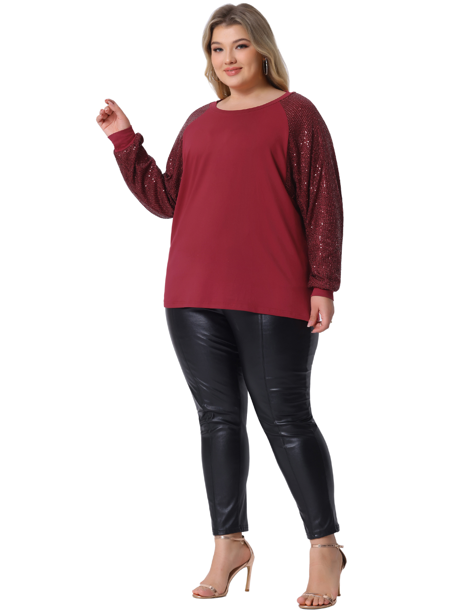 DARING DIVA Women's Plus Long Sleeve Shimmer Glitter Blouse 4X Burgundy