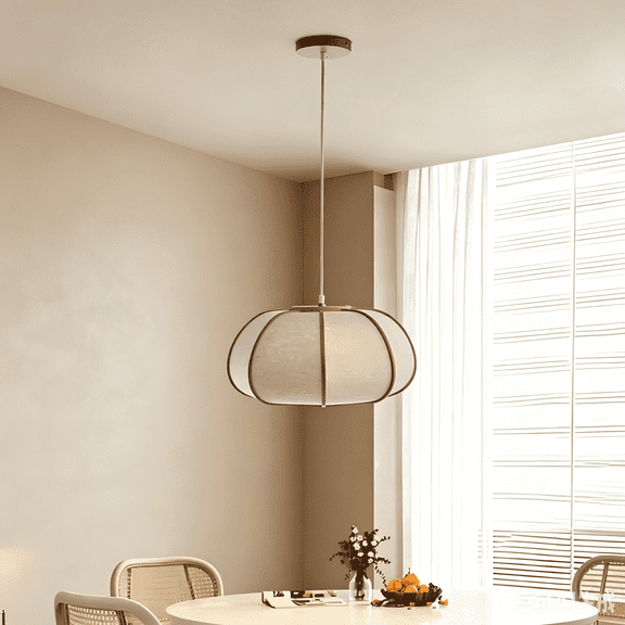 Booniture 14.7 Inch Pumpkin Fabric Pendant Light, Japanese Style Lantern Ceiling Lamp, Adjustable Hanging Light for Living Room Bedroom Dining Room，Natural