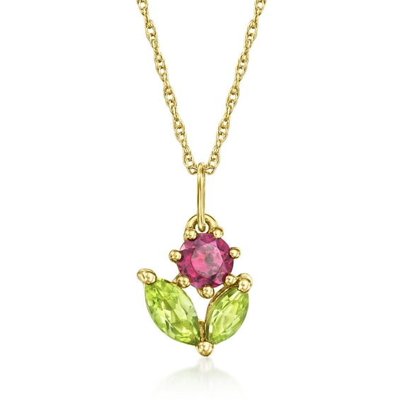Pure Collection by Ross-Simons 0.20 Carat Rhodolite Garnet and .30 ct. t.w. Peridot Flower Pendant Necklace in 14kt Yellow Gold, Women's, Adult