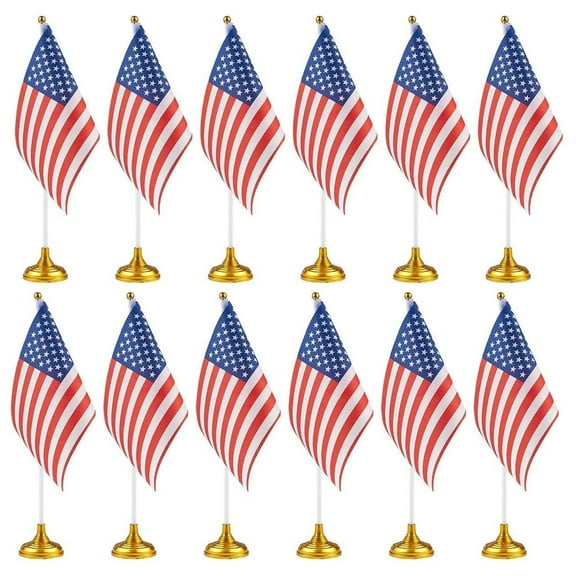 12-Pack Mini American Flags with Stand Base for Desk, Veterans, 4th of July, Memorial Day Small Miniature USA Desktop Centerpiece for Patriotic Home Office Table Party Decorations