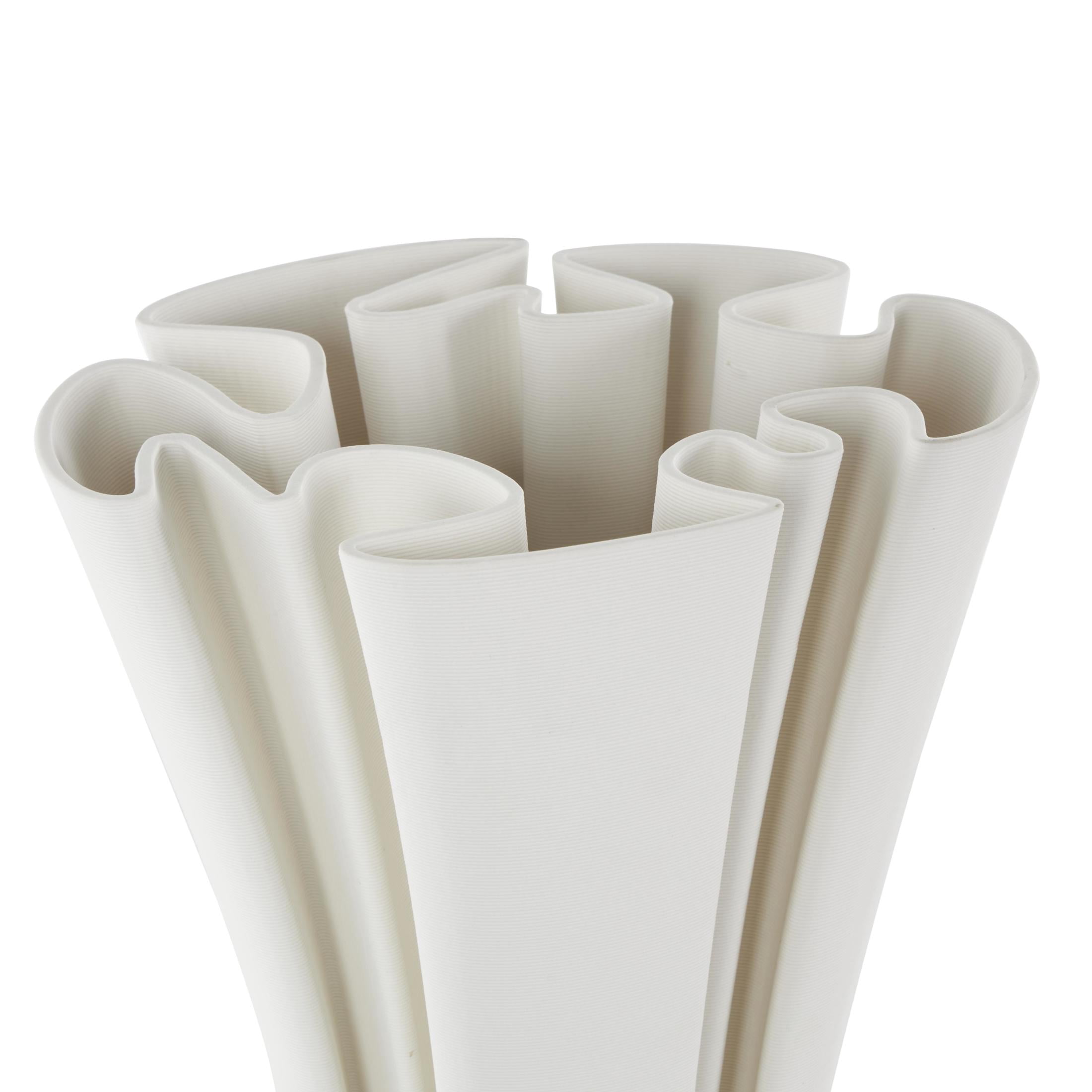 DecMode 15" Abstract Ribbed Dimensional Folded White Ceramic Vase with Curvy Rim
