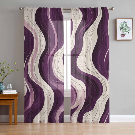 ERUNPONLY Geometric Purple Sheer Curtains 96 Inch Length 2 Panels Set, Vintage White Stripe Coastal Sea Wave Voile Window Treatment Sheer Long Curtains for Bedroom/Living Room/Kitchen 52"x96"x2