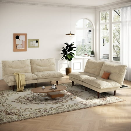 LLappuil 2 Piece 71" Corduroy Futon Convertible Sofa Bed, Loveseat Sleeper Sofa Couch for Living Room Apartment Beige