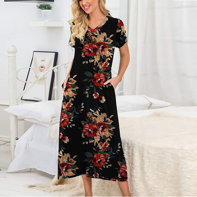 FcBaudy Robe à Manches Courtes Col Rond Hauteur Genou, Robes d'Été pour Femmes, Robes pour Femmes, Robe Décontractée à Manches Courtes Col en V, Vêtements de Nuit Doux avec Poches