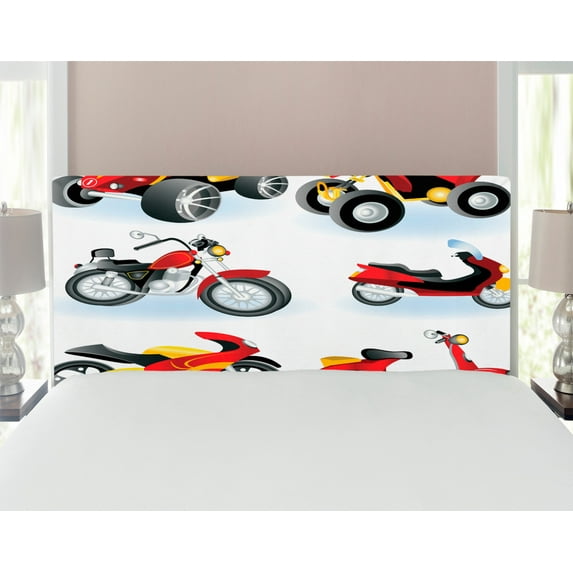 Motorcycle Headboard, Motorcycles Sportsman Competition Amusement Leisure Cartoon Illustration, Upholstered Decorative Metal Bed Headboard with Memory Foam, Full Size, Black Yellow, by Ambesonne