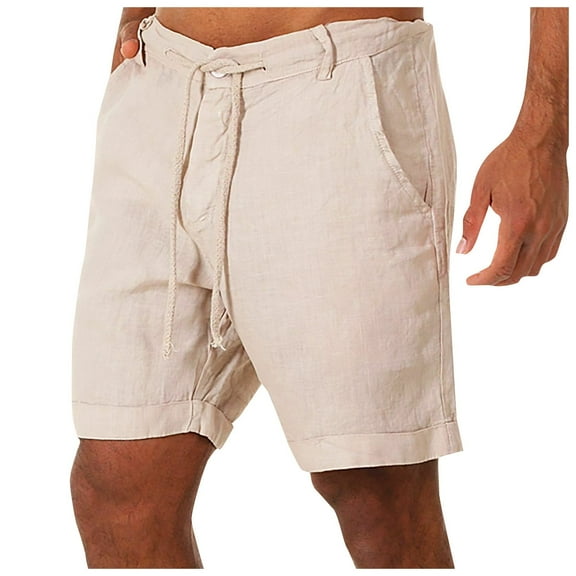WREESH Men's Summer Beach Shorts Solid Fashion Cotton Linen Casual Shorts Buttons Lacing Waist Pockets Shorts Beige