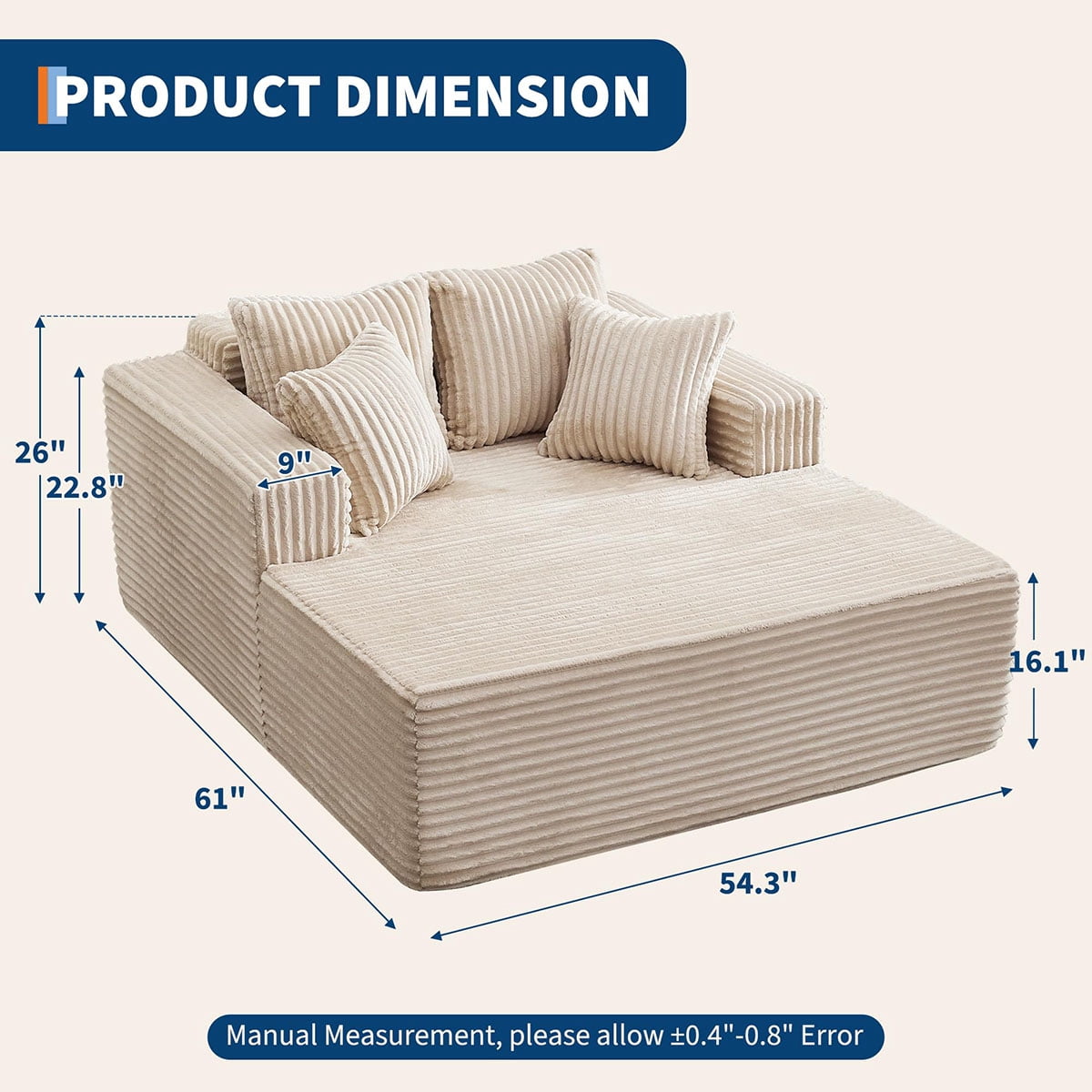 Danolapsi 54.3" Oversized Chaise Lounge,Wide Boneless Corduroy Loveseat with 4 Pillows, Armrests, Comfy Fluffy Reading Couch, No Assembly Required Deep Seat Sofa for Living Room, Bedroom, Office
