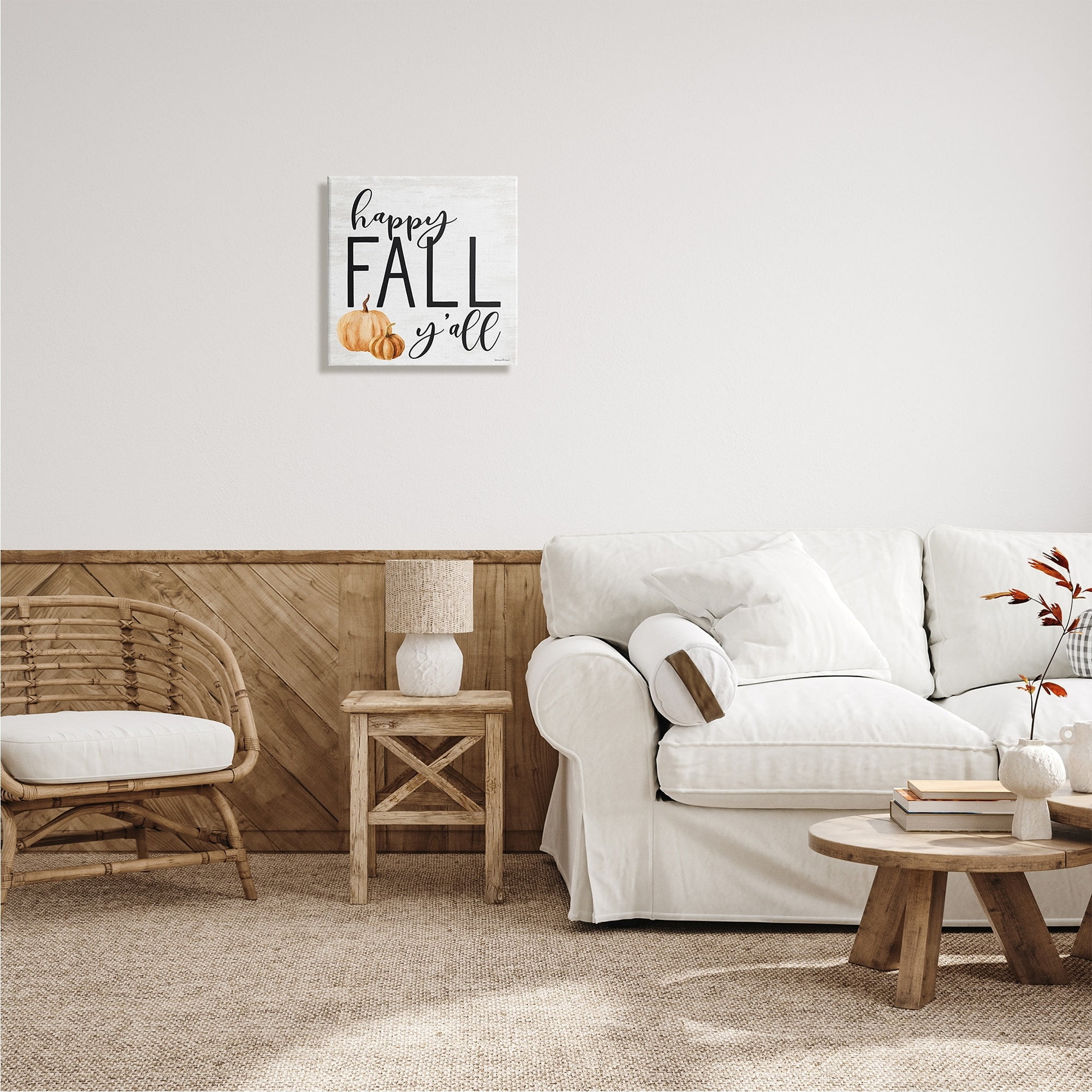 Stupell Industries Happy Fall Y'all Phrase Orange Farm Pumpkin Gourd, 30 x 30, Design by Lettered and Lined