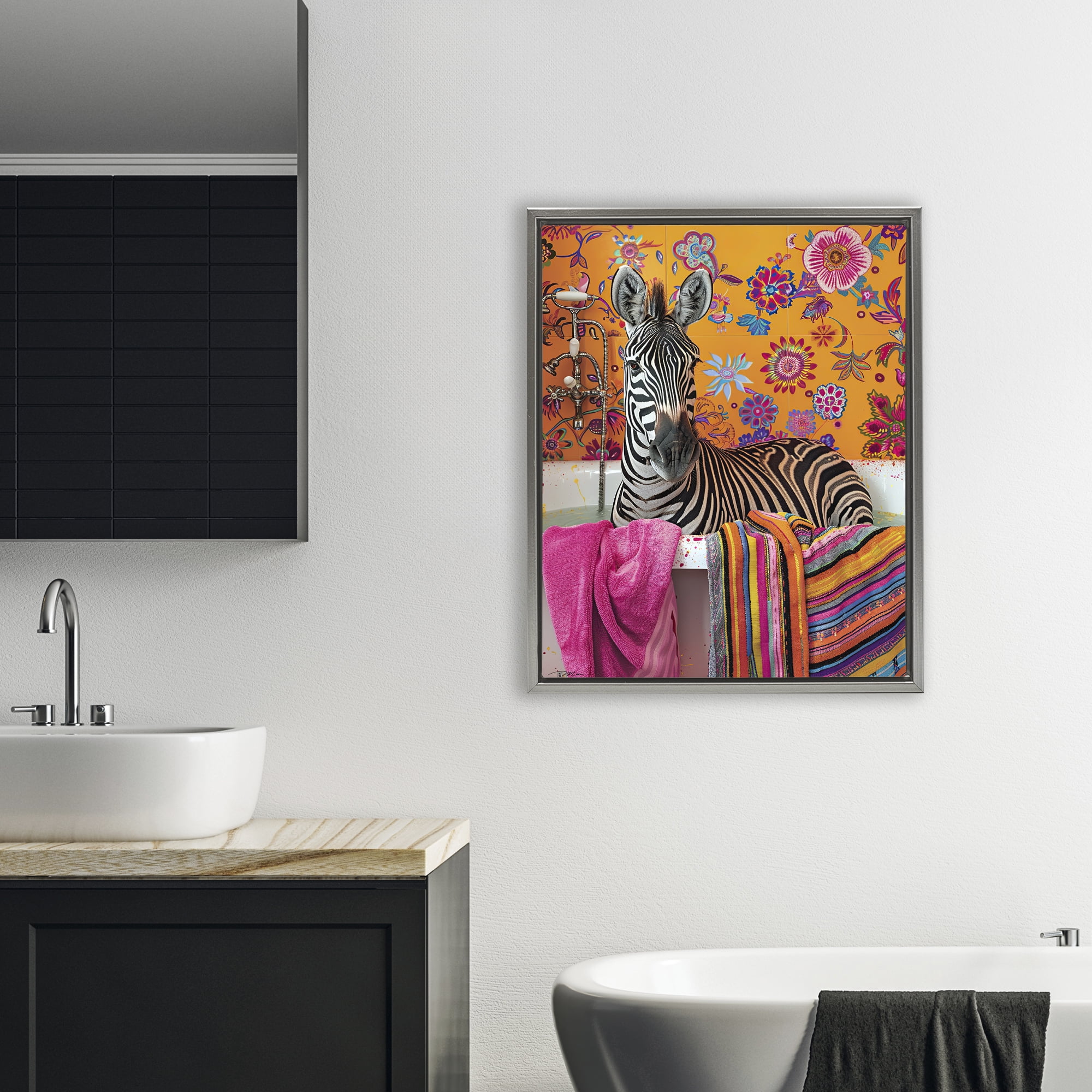 Zebra Bath with Colorful Towel Gray Framed Floater Canvas Wall Art, design by Momart