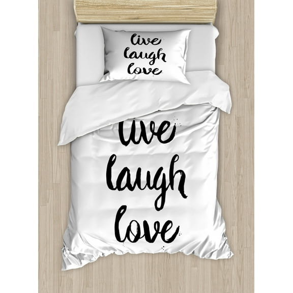 Live Laugh Love Twin Size Duvet Cover Set, Inspirational Slogan for Boosting the Motivation of People in Monochrome, Decorative 2 Piece Bedding Set with 1 Pillow Sham, Black White, by Ambesonne