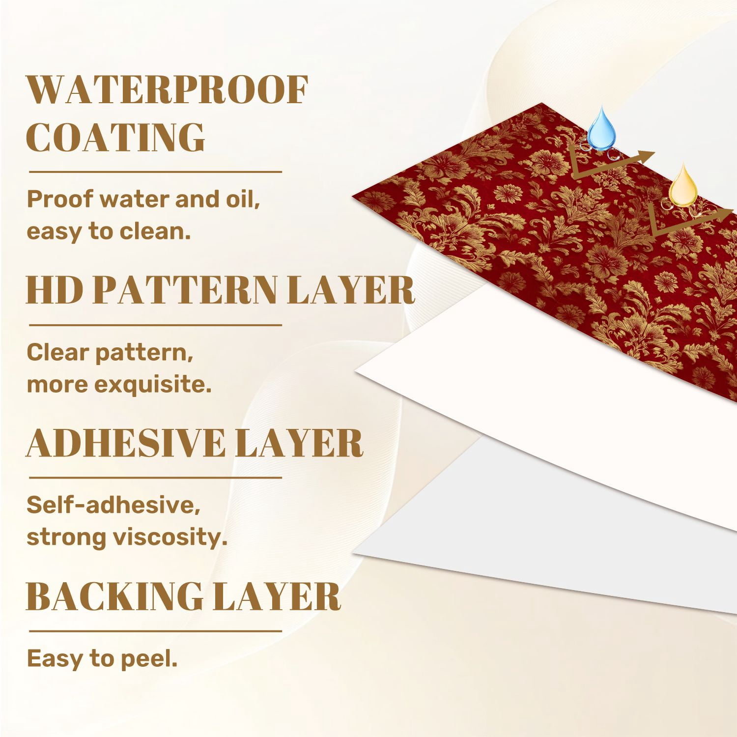 Vintage Peel and Stick Wallpaper Golden Floral Damask Red baroque vintage Wall Mural 23.6in x 9.8ft Self Adhesive Removable Wall Paper Renter Friendly Wallpaper for Bedroom Livingroom Office