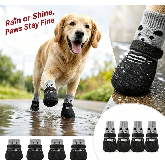 4Pcs Pet Rain Boots with Silicone Non-Socks for Dogs and Cats, Dog Paw Protector with Adjustable Straps, Anti-Slip Paw Protectors, Waterproof Rain Winter Snow Dog Boots Indoor Outdoor