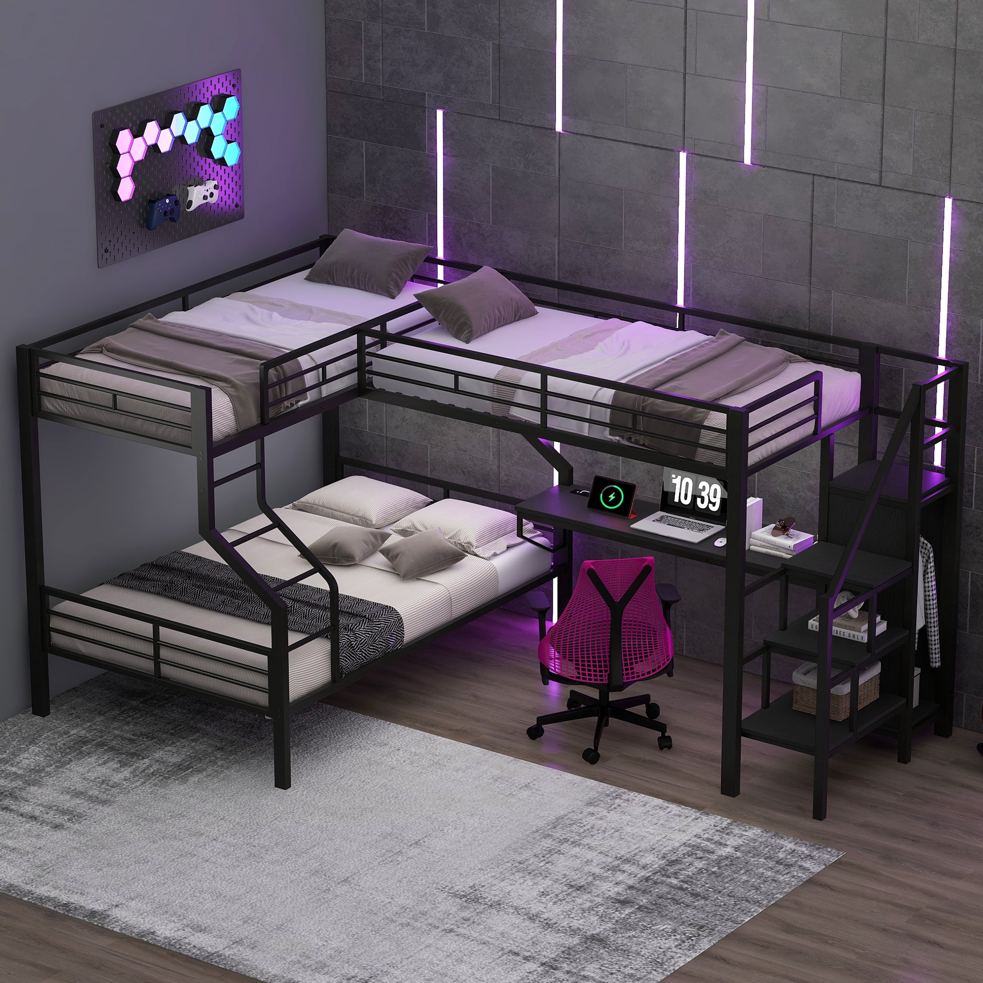 EUROCO Metal L Shaped Twin over Full Bunk Bed and Twin Gaming Loft Bed with Desk, Functional Storage Bed with Wardrobe and USB Ports, Black