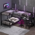 thumbnail image 2 of EUROCO Metal L Shaped Twin over Full Bunk Bed and Twin Gaming Loft Bed with Desk, Functional Storage Bed with Wardrobe and USB Ports, Black, 2 of 9