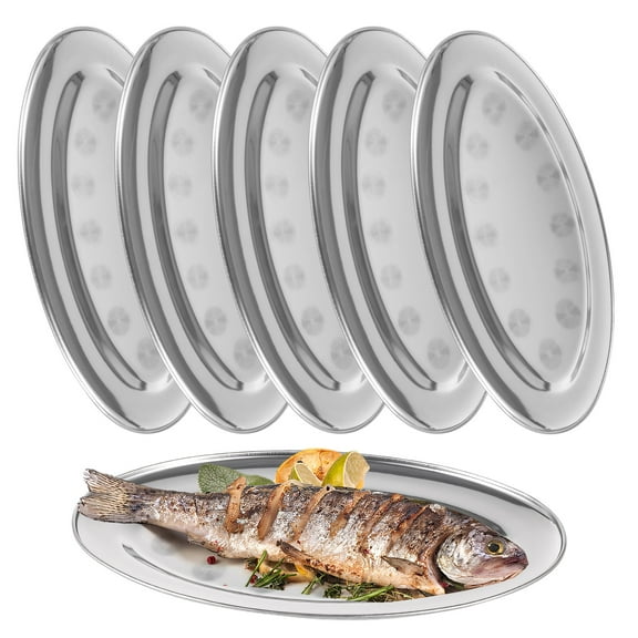 6 Pcs Stainless Steel Oval Platters, 13.2" Large Fish Serving Trays, Anti-rust Metal Dinner Plates, Unbreakable Dessert Dishes, Elegant Long Kitchen Trays for Steaming Fish