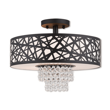 

Semi Flush Mounts 3 Light With Bronze Crystal Clear Oatmeal Color Fabric Hardback Medium Base 15 inch 180 Watts - World of Crystal