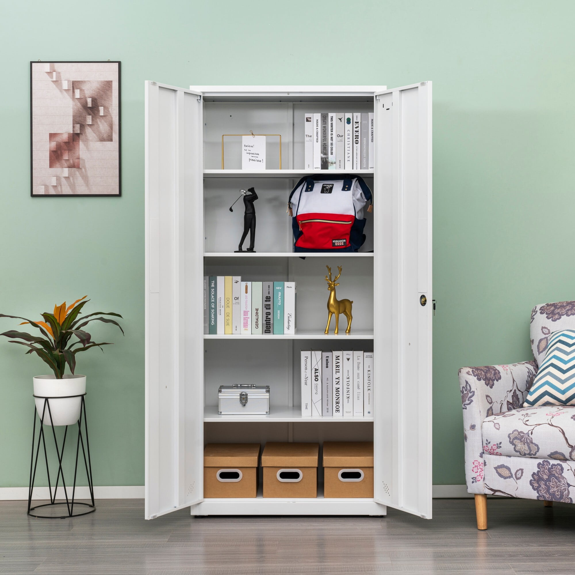 AENKYO 68.9" Heavy Duty Metal Storage Cabinet with Adjustable Shelves & Lock, Steel Locker for Home and Office, White
