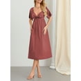 thumbnail image 3 of Biezeib Women Midi Dress Solid Color V-Neck Tie Knot Front Ruched Short Sleeve Dress Summer Casual Dress A-line Dress, 3 of 6