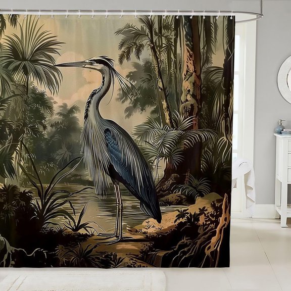 Vintage Tropical Rainforest Heron Shower Curtain for Bathroom Palm Trees Wildlife Nature Fabric Bath Curtain 71x71 Inches