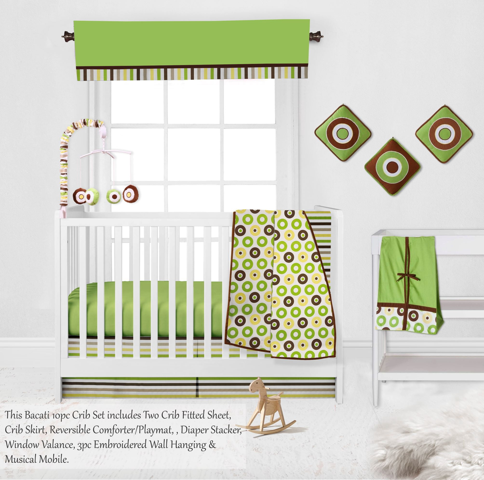 Bacati - Mod Dots Stripes 10-Piece Crib Bedding Set with Two Crib Sheets - Green/Yellow/Chocolate Unisex