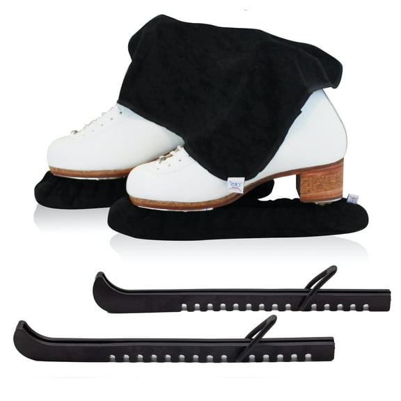 Ice Skate Guards, Soakers & Towel Gift Set -One Piece Guard Set Design with Soft Skate Blade Covers & Towel (Adjustable Pair of Guards-no assembly required) (Biellmann Black, Large)