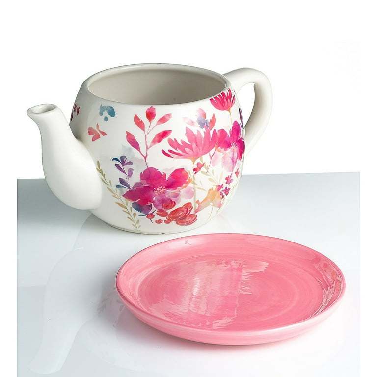 Ceramic Floral Tea Cup Indoor/Outdoor Planter with Saucer - Pink