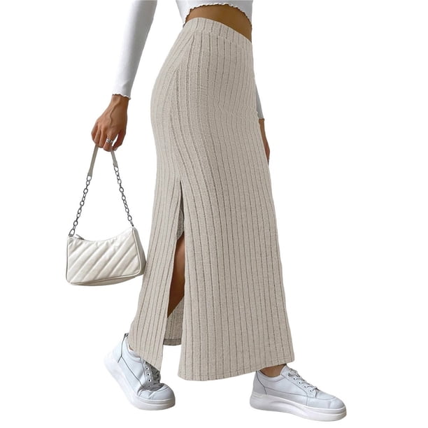 Falda Larga de Punto Informal con Abertura Lateral y Cintura Alta para Mujer, Cómoda y Ajustada. Albaricoque M