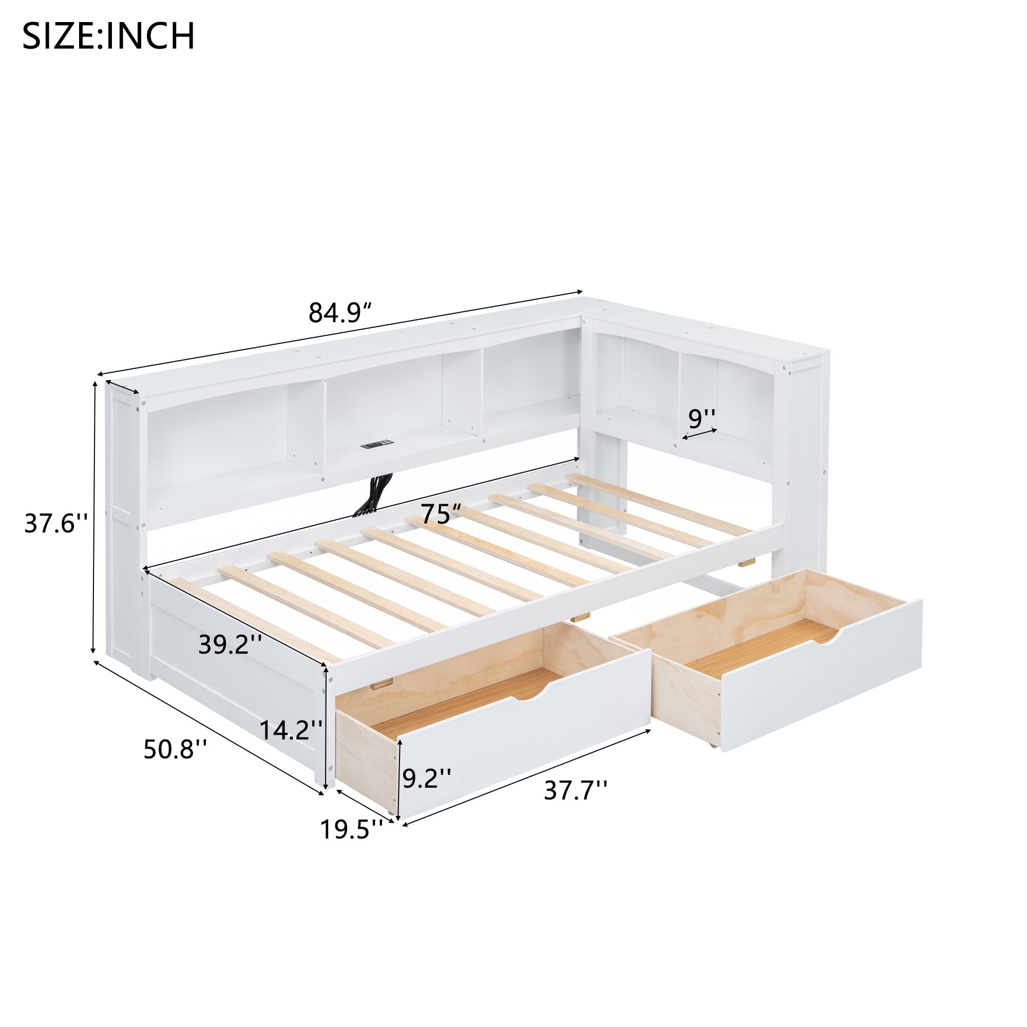 Euroco Modern Pine Wood Daybed with Drawers, Twin Bed with Storage Cabinet and Shelves, USB Charging Station for Kids Teens Bedroom, White