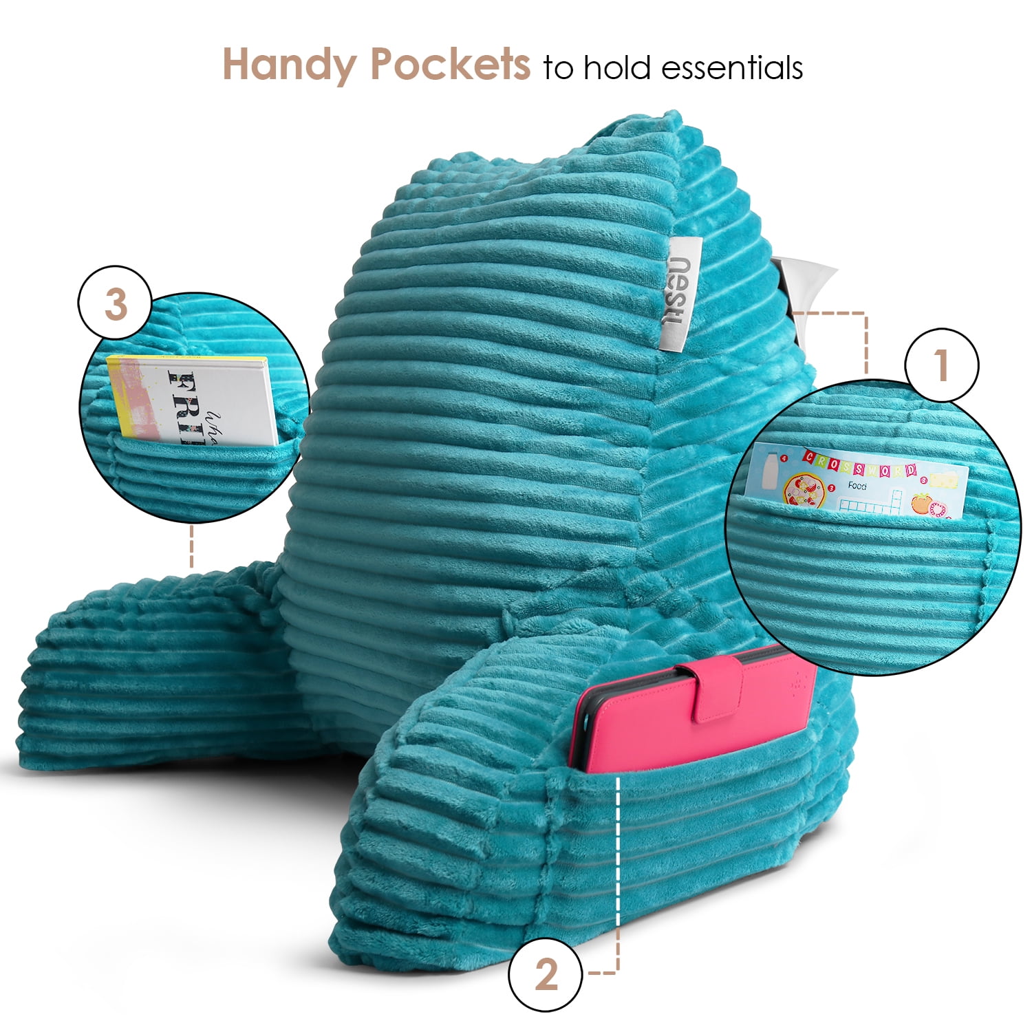 Nestl Reading Pillow with Portable Lap Desk Stand - Striped Back Support Pillow, Medium, Teal