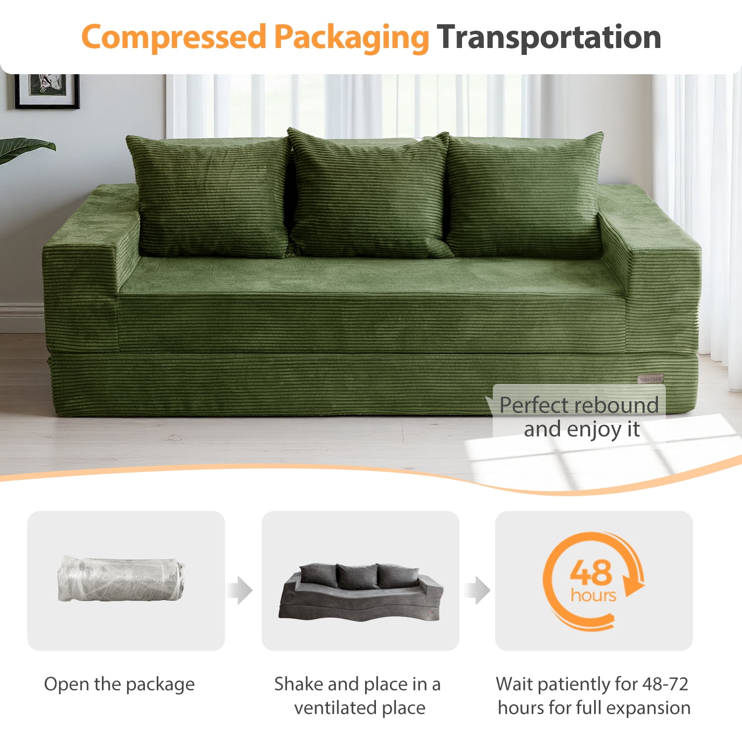 BYBYME Convertible Sofa Bed,Folding Lounger 4-in-1 Boneless Sofa with 3 Pillows and 2 Cup Holders,Floor Sofa for Small Spaces Such as Living Rooms,No Assembly Required,3 Seater,DGreen