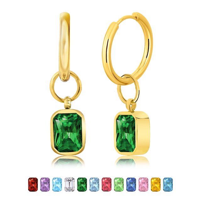 JeenMata Aros de Talla Esmeralda de 2 Quilates con Bisel y Piedra Natal de Mayo, Chapados en Oro Amarillo
