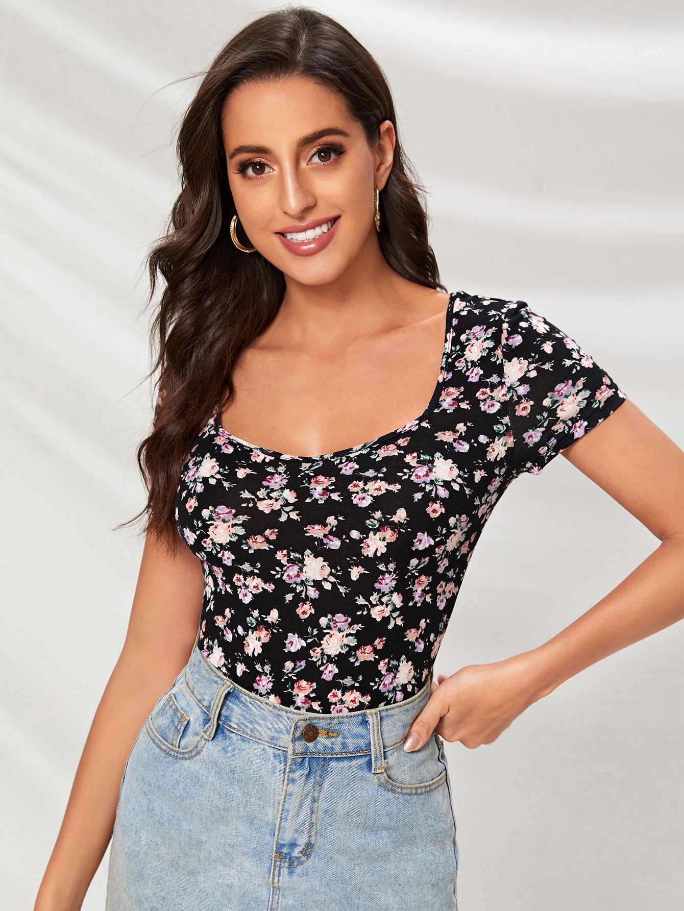 Women's Square Neck Ditsy Floral Top 