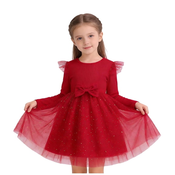 Girls Red Tulle Dress Long Sleeve Glitter Bow Ruffle Birthday Party Princess Dress for Kids Girls,Size 5-6 T